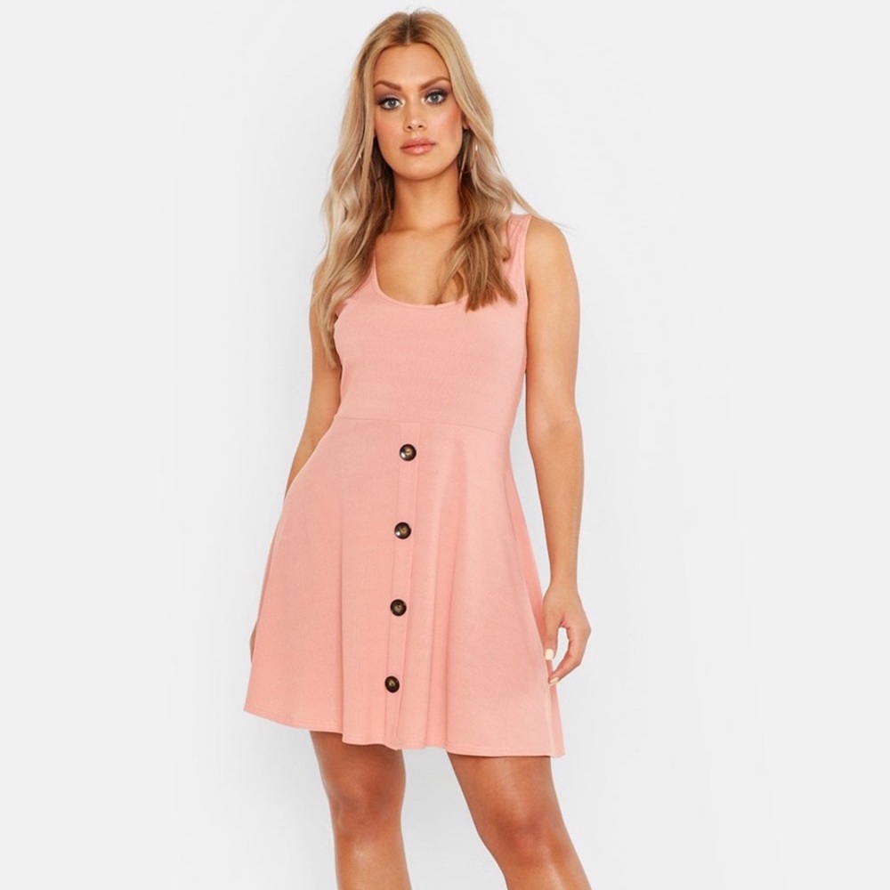 NWT Boohoo Plus Plunge Button Down Scoop Neck Rose Pink Skater Dress
